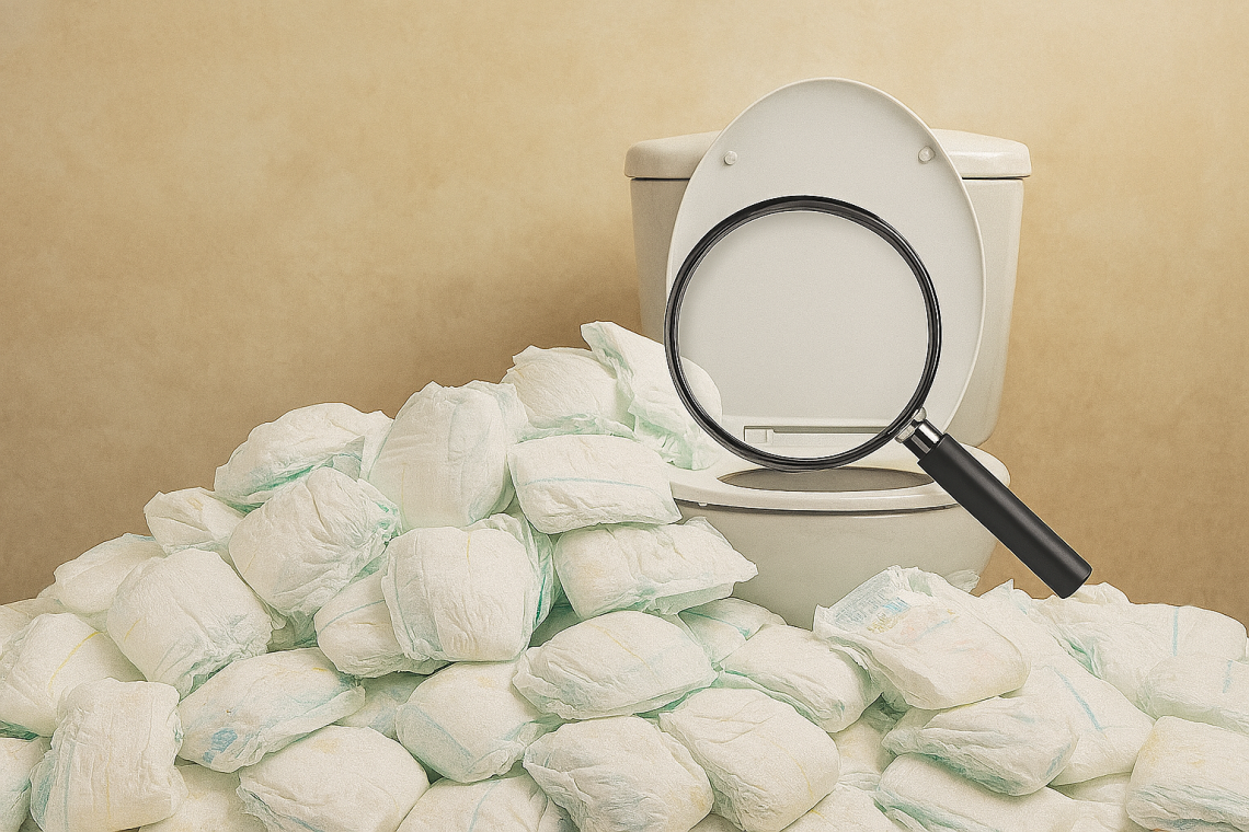 Witte toiletpot steekt uit achter een enorme stapel wegwerpluiers, in een neutrale setting die de omvang van het luierprobleem visueel benadrukt